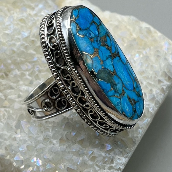 Artisan Jewelry - Sterling Silver Mojave Turquoise Oval Statement Ring 925 Southwest Boho
